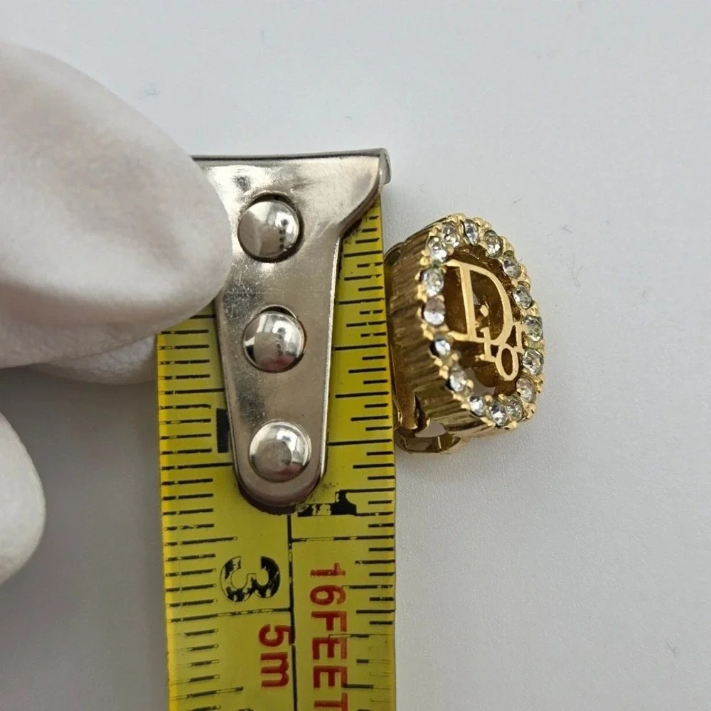 Vintage Christian Dior Gold Tone Crystal Logo Oval Clip On Earrings Germany